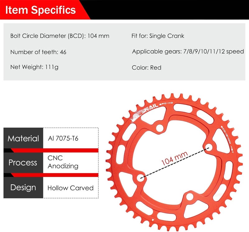 BESNIN Chainring 104 BCD Chainring 30T 32T 34T 36T 38T 40T 42T 44T 46T 48T 50T 52T Narrow Wide Tooth Round Chainring for 7/8/9/10/11/12 Speed MTB BMX Road Bike - Image 2